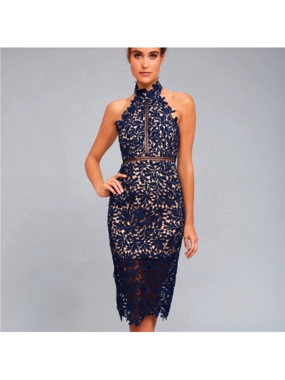 LULUS Divine Destiny Navy Blue Lace Midi Dress SMALL EUC